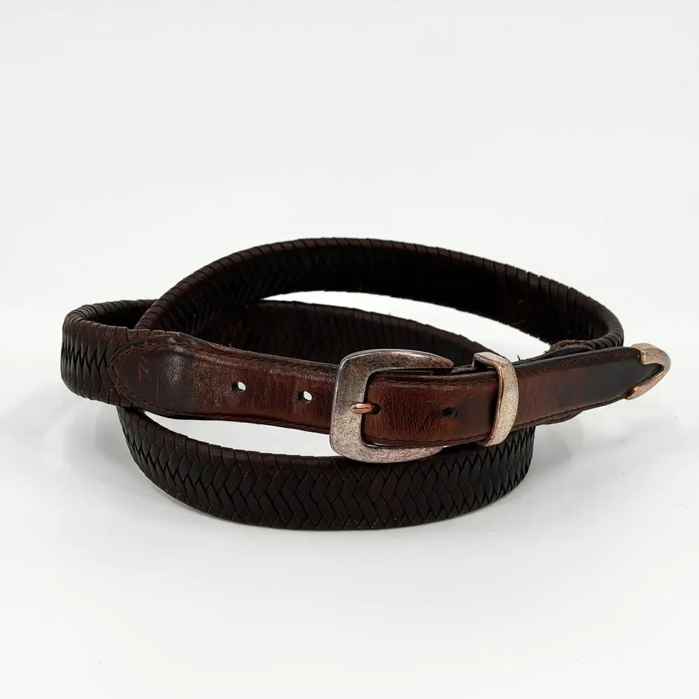 Vintage 90s Brown Genuine Leather Western Woven Silver Tip Belt